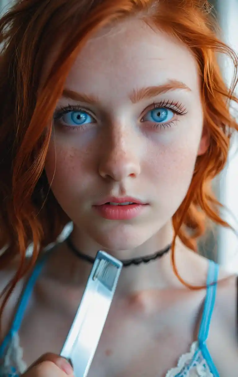 Close up portrait of red haired girl with blue eyes