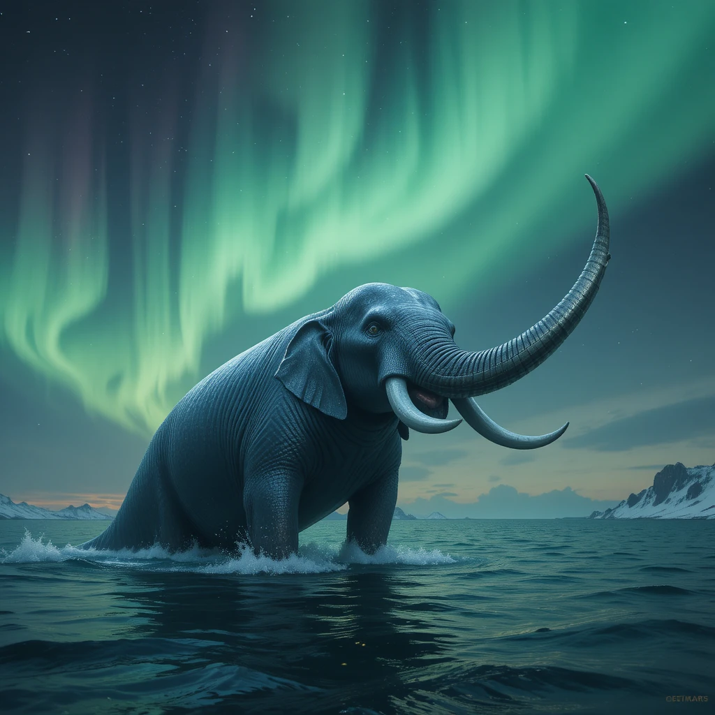 Maestoso ibrido tra narvalo ed elefante nelle luminose acque artiche