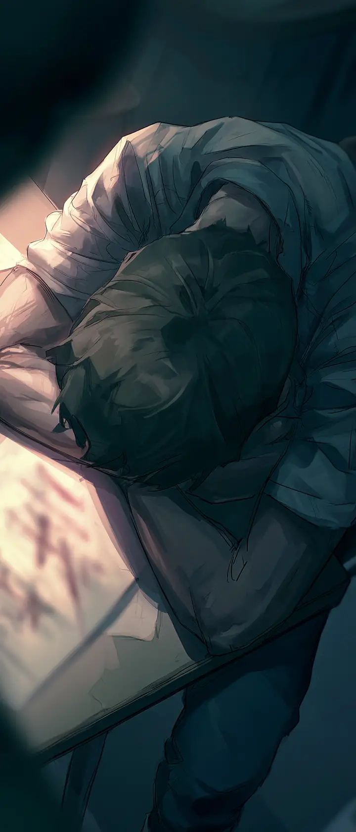 Anime student with head down at desk in dim classroom