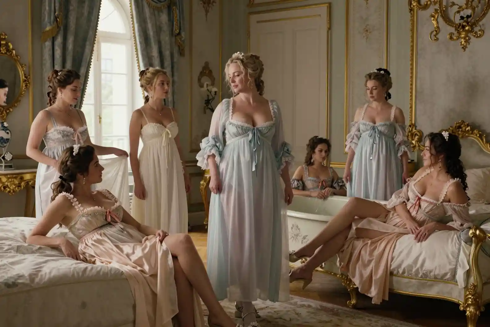 Elegant court ladies relaxing in a luxurious boudoir