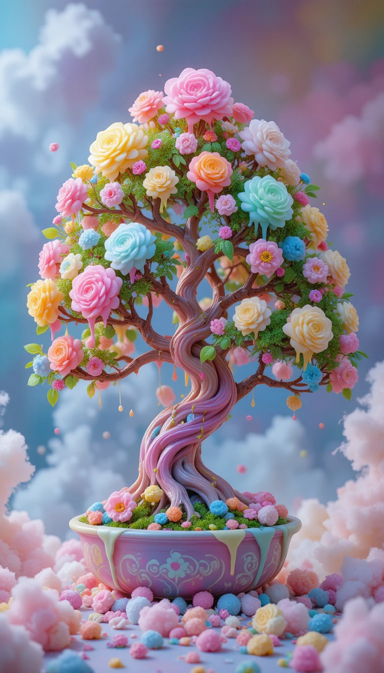 Whimsical Candy Bonsai Tree In A Glowing Pastel Landscape