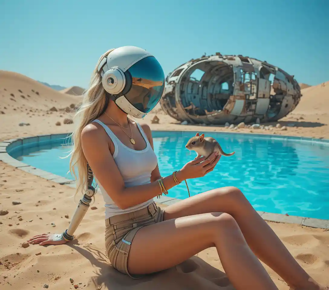 Futuristic skeletal astronaut in an alien desert crash site