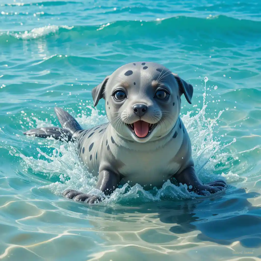 Adorable seal puppy hybrid playing in turquoise coastal water