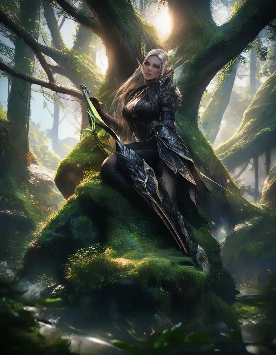 Elven huntress crouched in a misty ancient forest