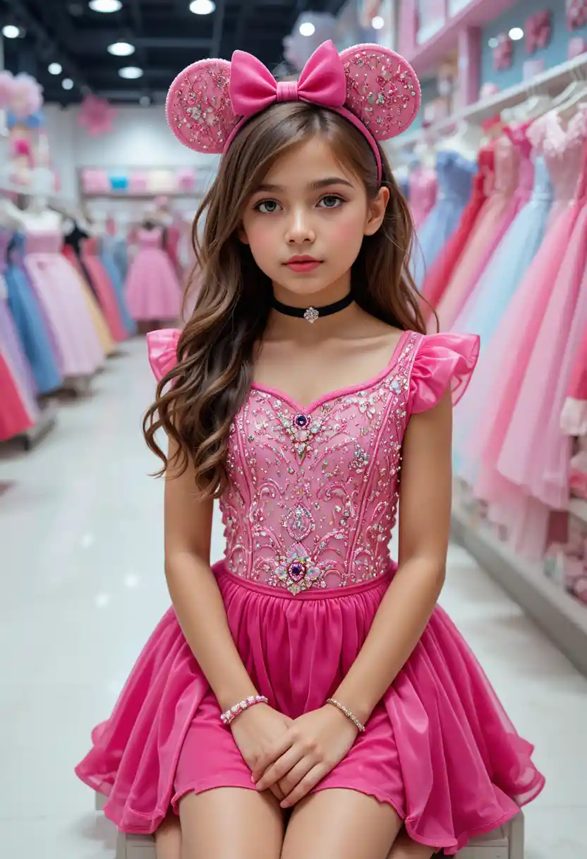 Young girl in pink Minnie dress inside a Disney boutique
