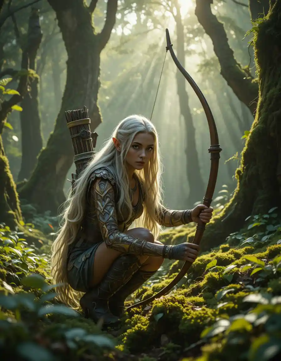 Elven huntress tracking prey in misty ancient forest