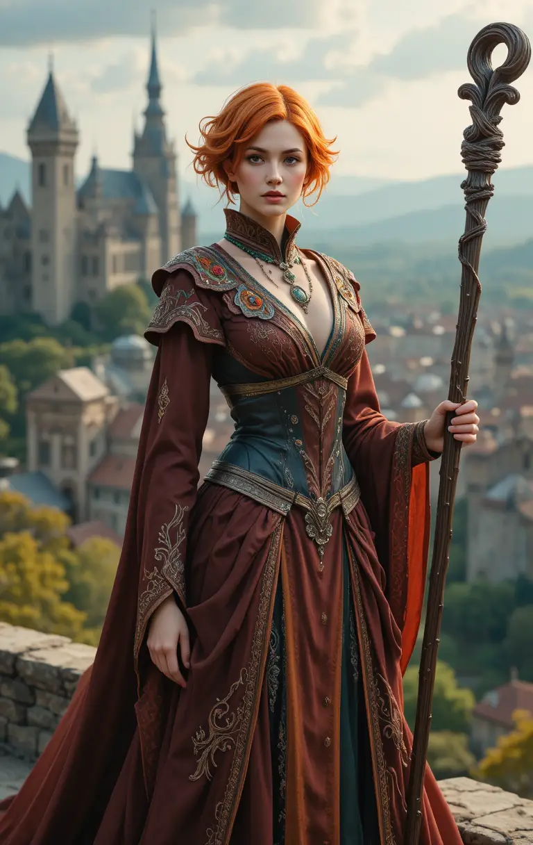 Orange haired mage woman above a medieval fantasy city