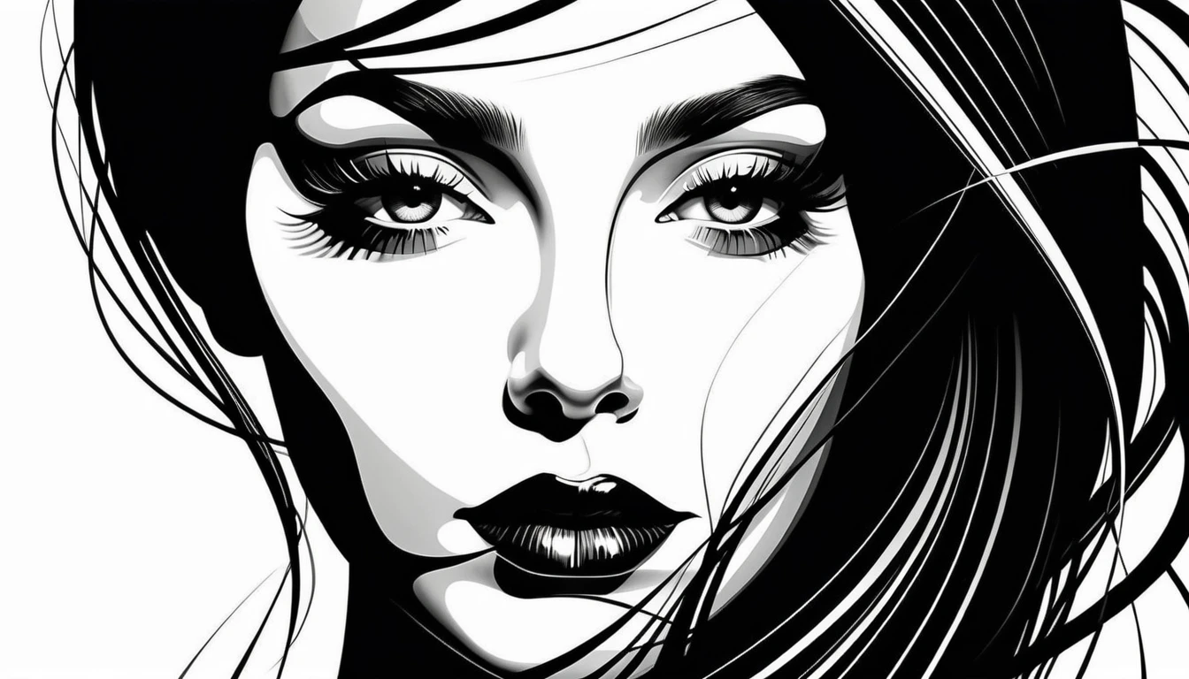 Abstract black and white female portrait made of flowing lines