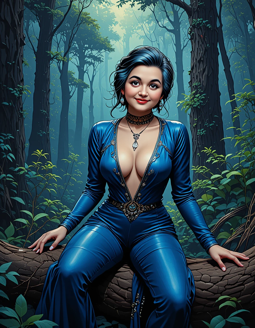 Young woman in blue bodysuit on a misty forest log