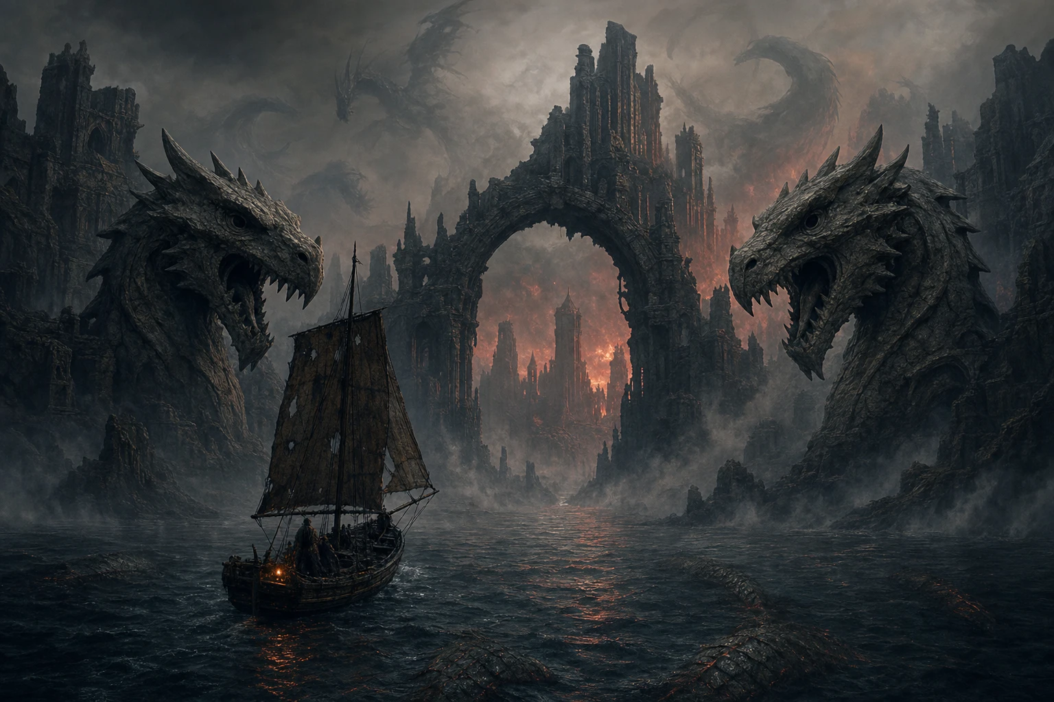 Fishing boat approaches fog shrouded ruins and dragons