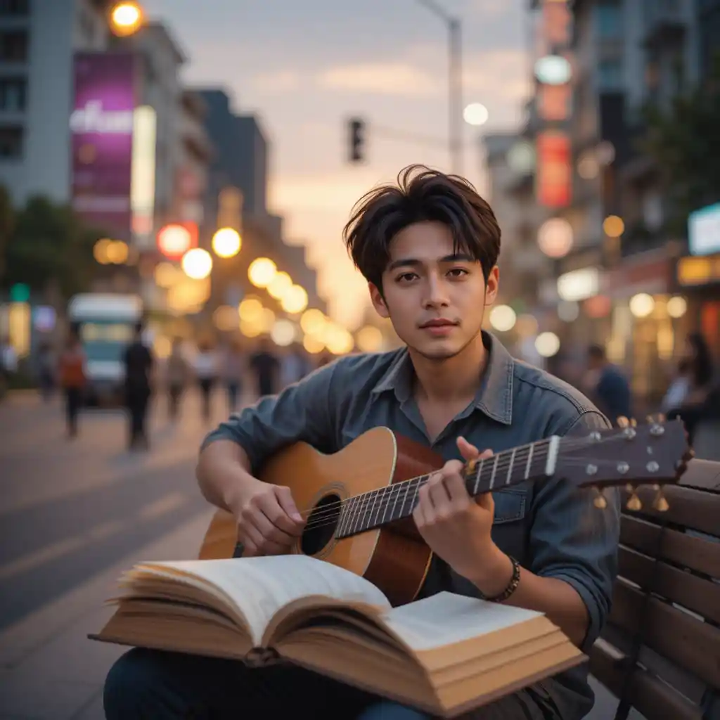 Man writing a song on a bench at sunset boulevard