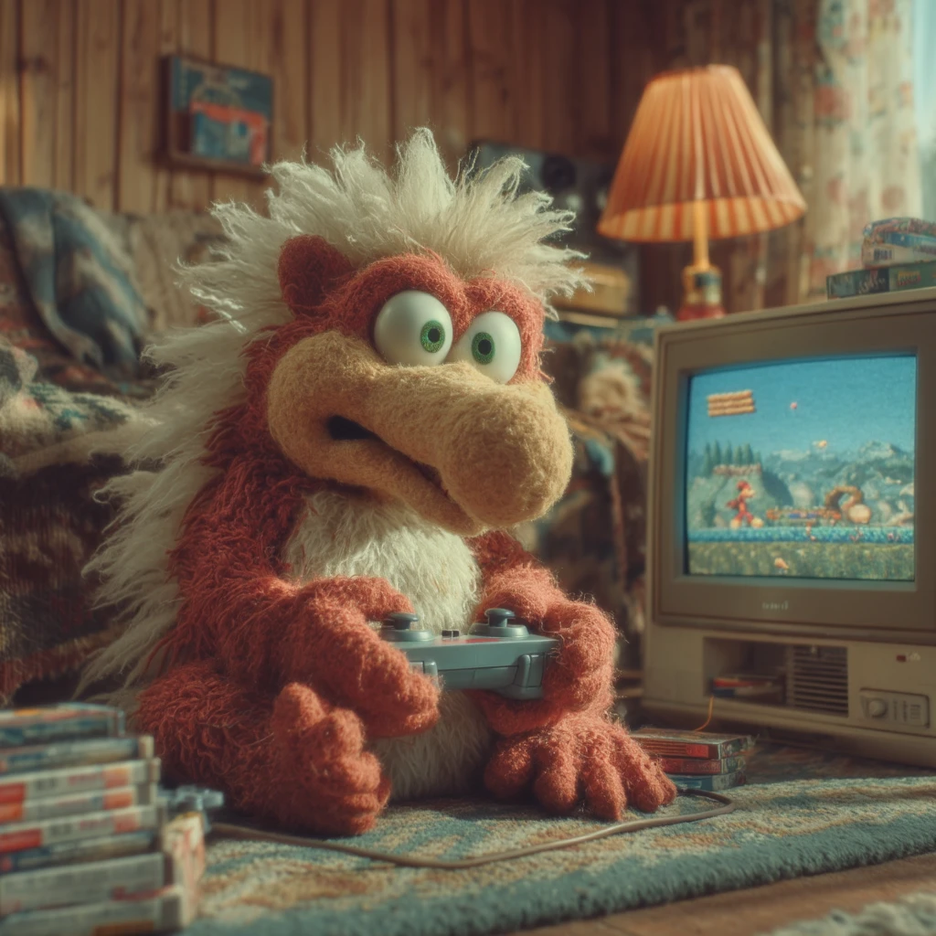 Anthropomorphic Red Creature Gaming In A Cozy 90s Living Room
