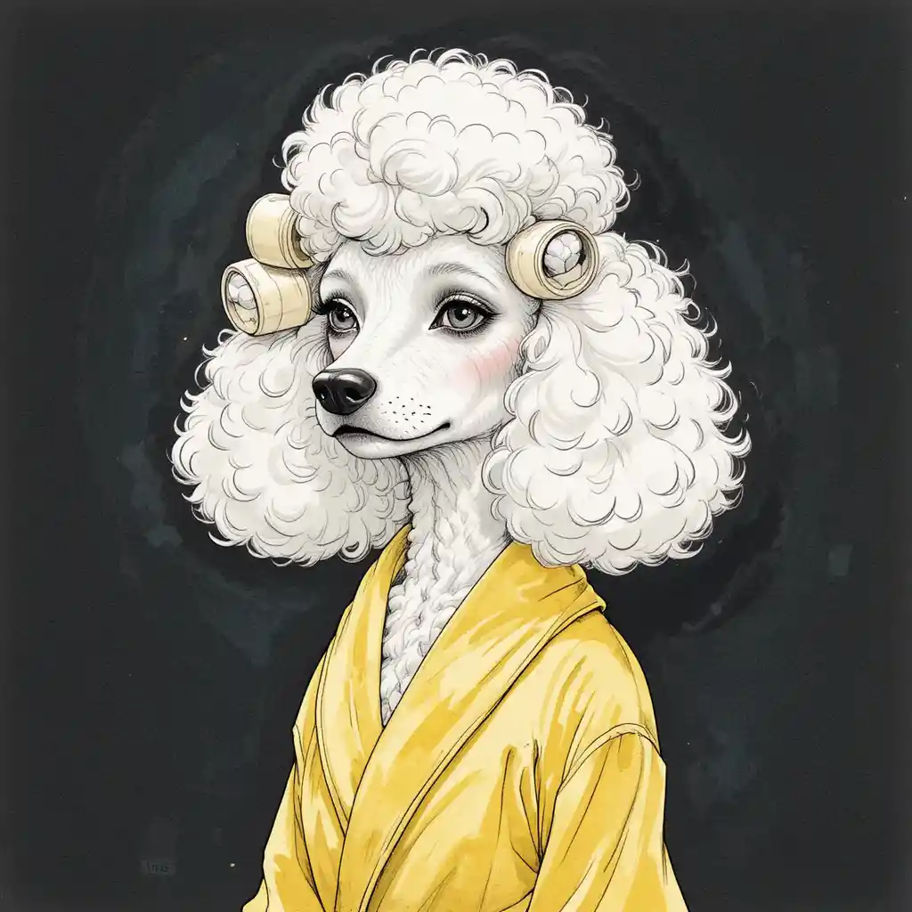 White poodle in yellow bathrobe with salon curlers illustration