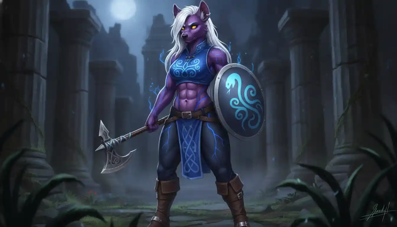 Tall purple hyena warrior woman with axe and shield
