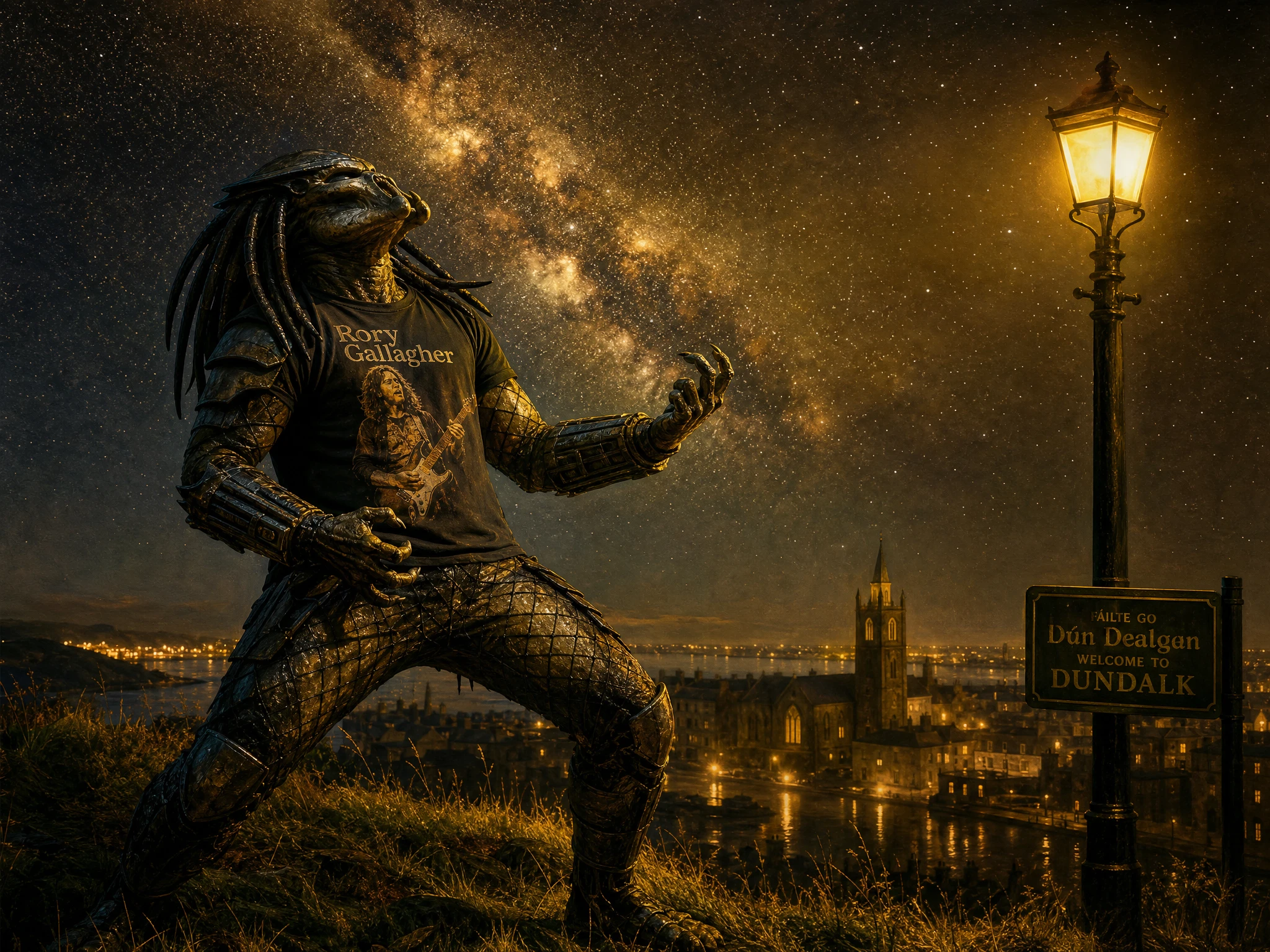 Alien predator playing air guitar on an Irish hillside