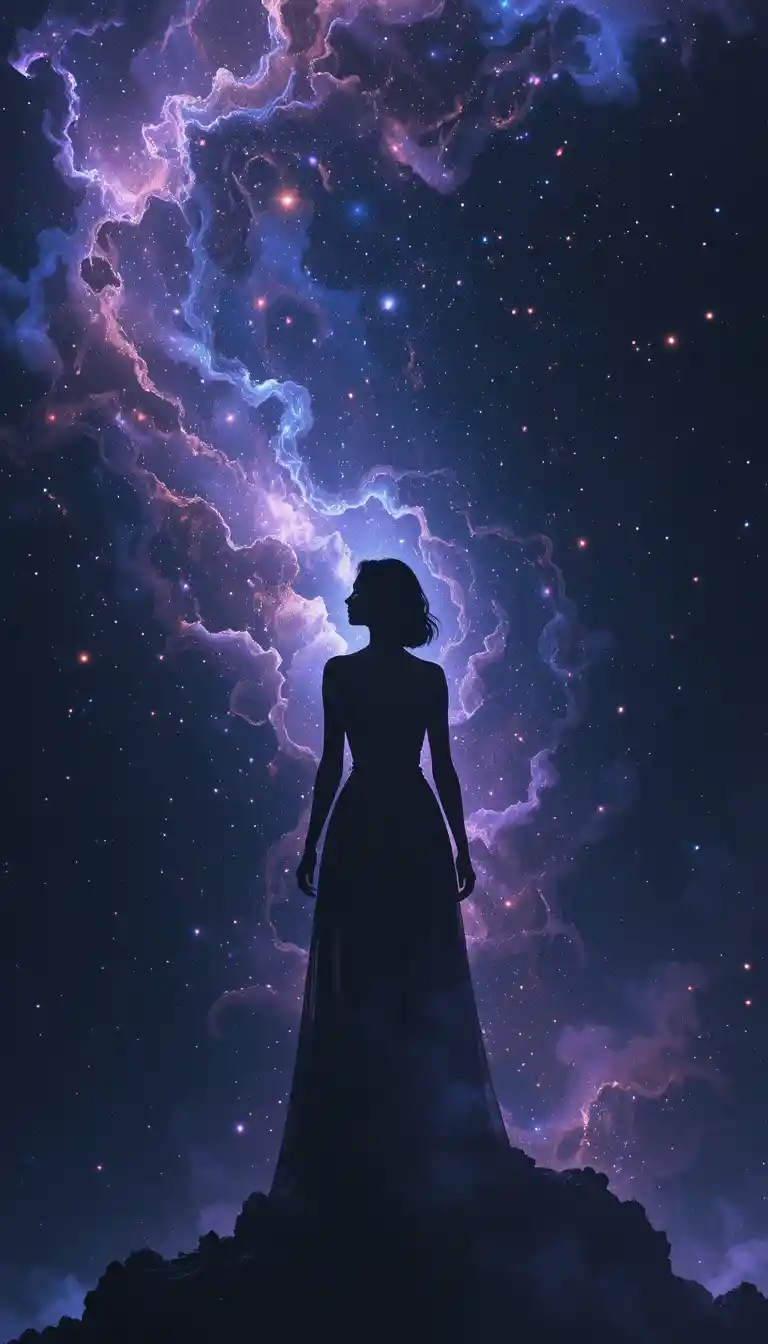 Woman silhouette of nebula gazing into infinite cosmic space