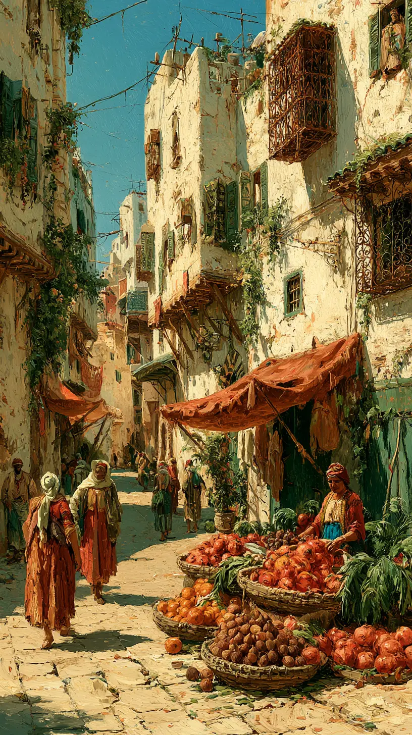 Nineteenth century Algerian street with vendors and townspeople