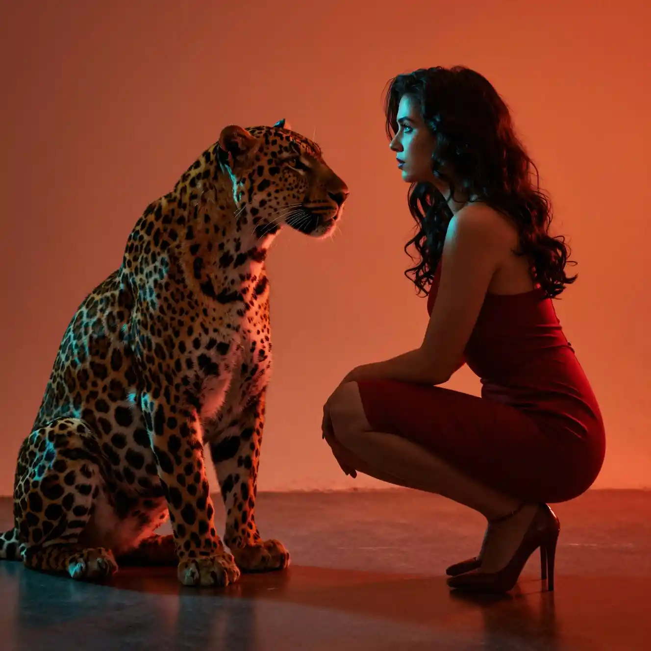 Woman in red facing leopard in dramatic studio profile
