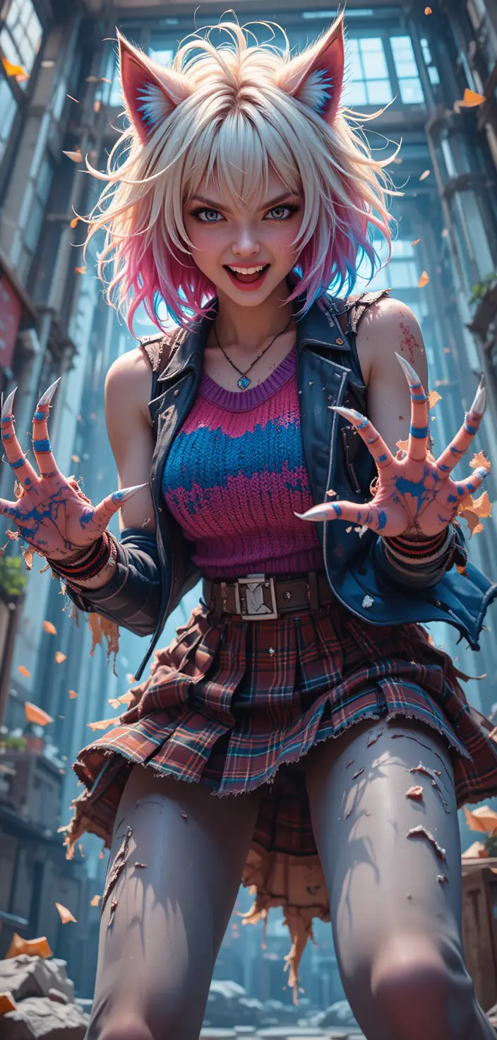 Fierce half wolf anime girl in shredded school uniform