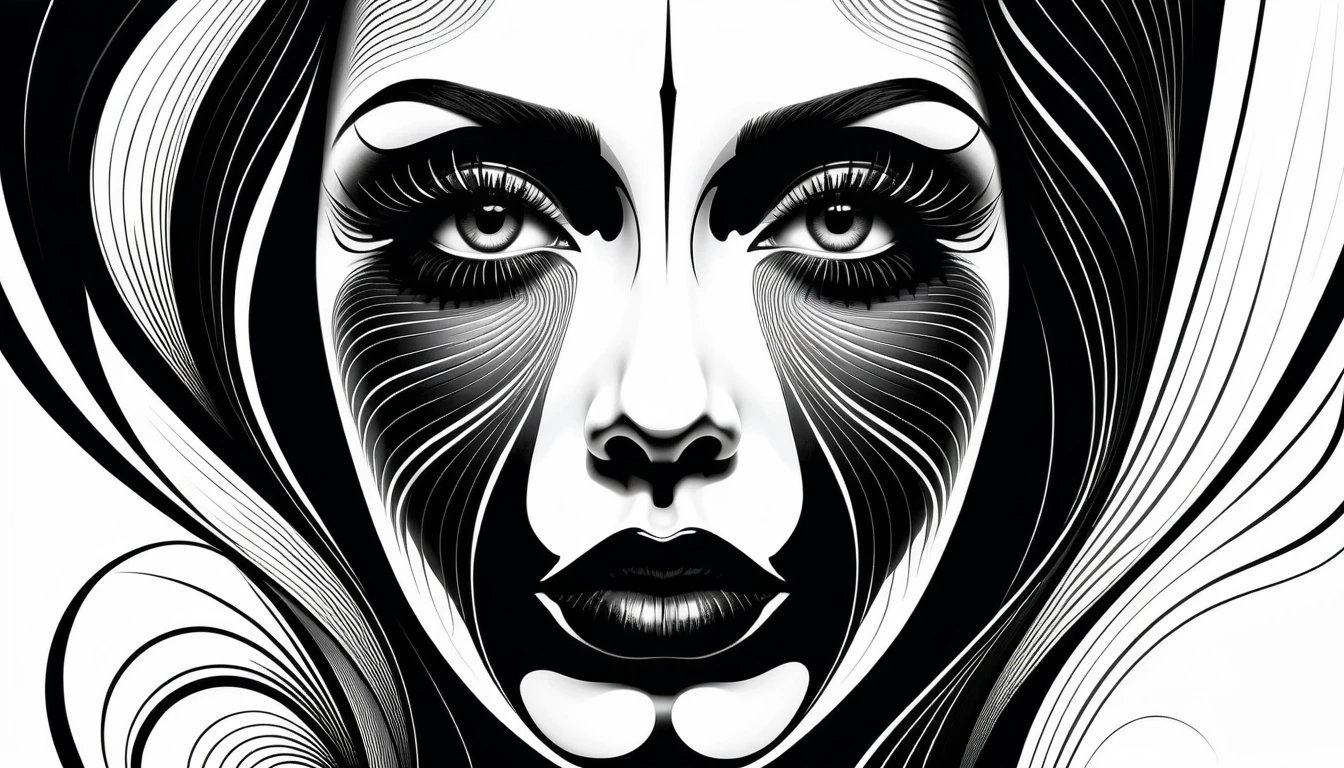 Abstract line art face with expressive eyes and lips