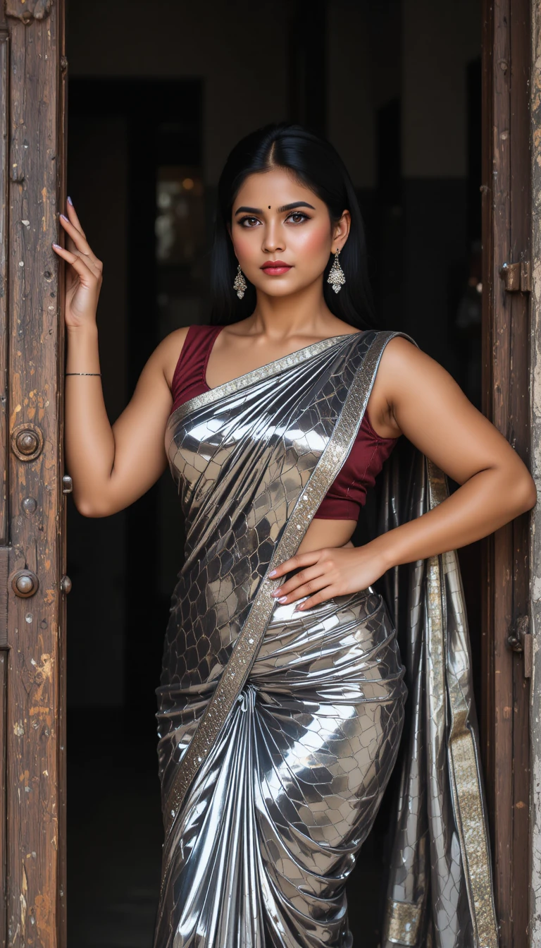 Sensual woman in glossy saree posing in traditional doorway