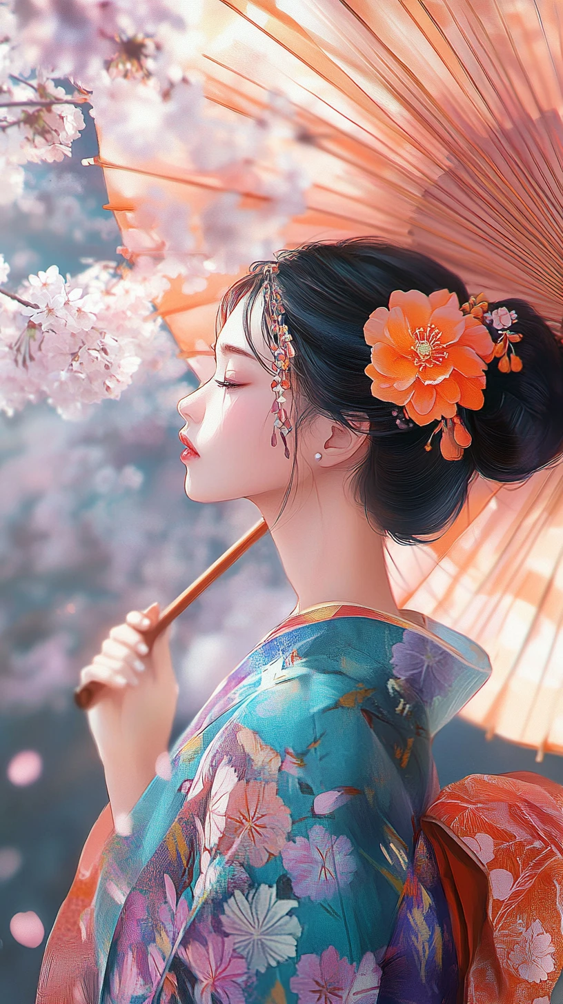Anime girl in kimono under umbrella with cherry blossoms