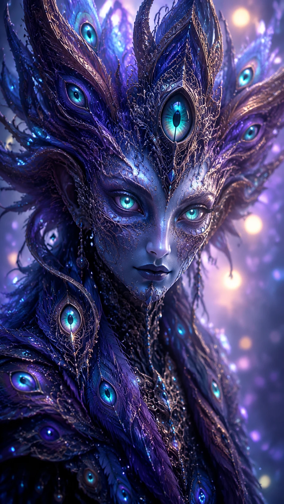 Mystical horned being with glowing teal and feathered eyes