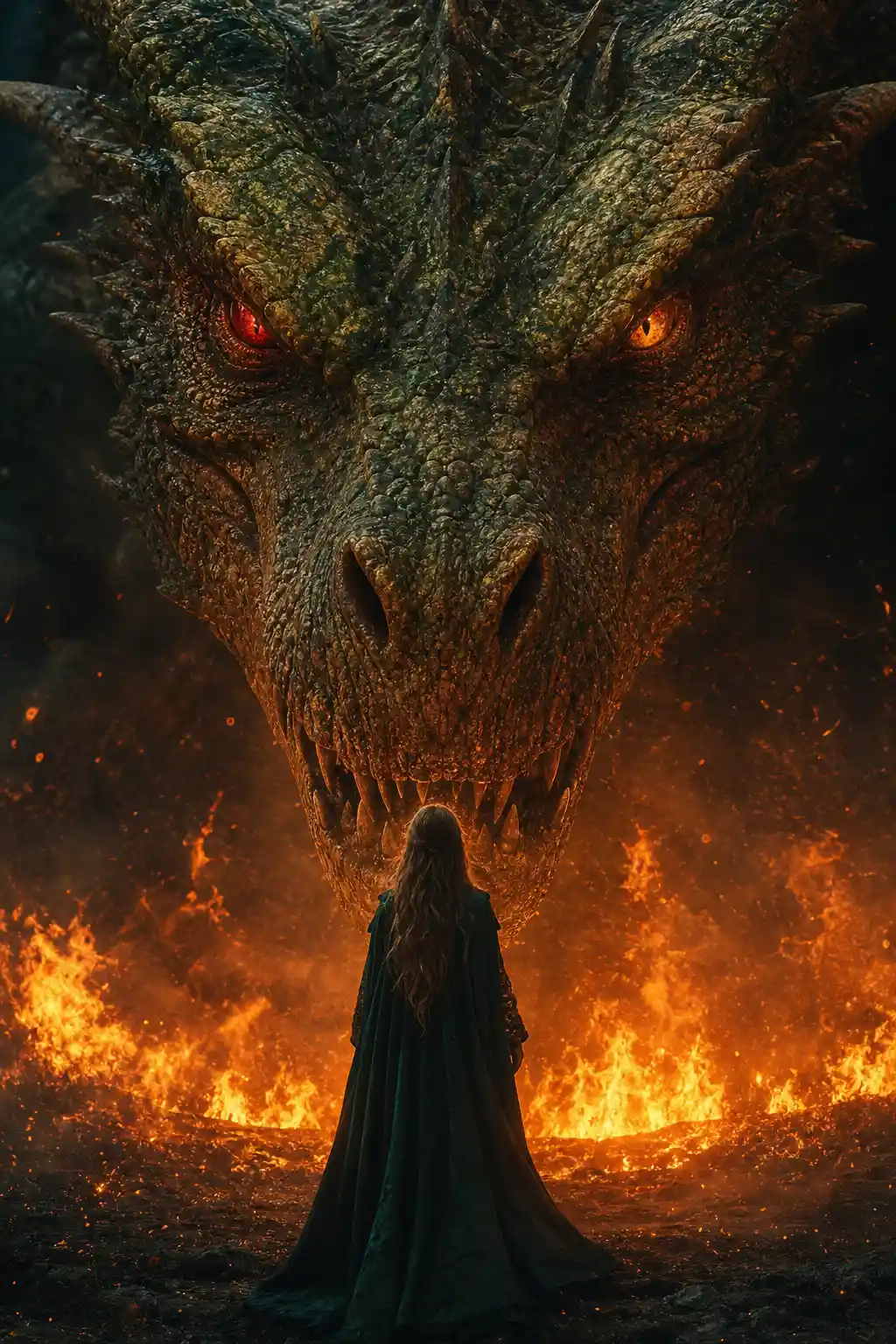 Woman in cloak facing massive dragon above fiery ground