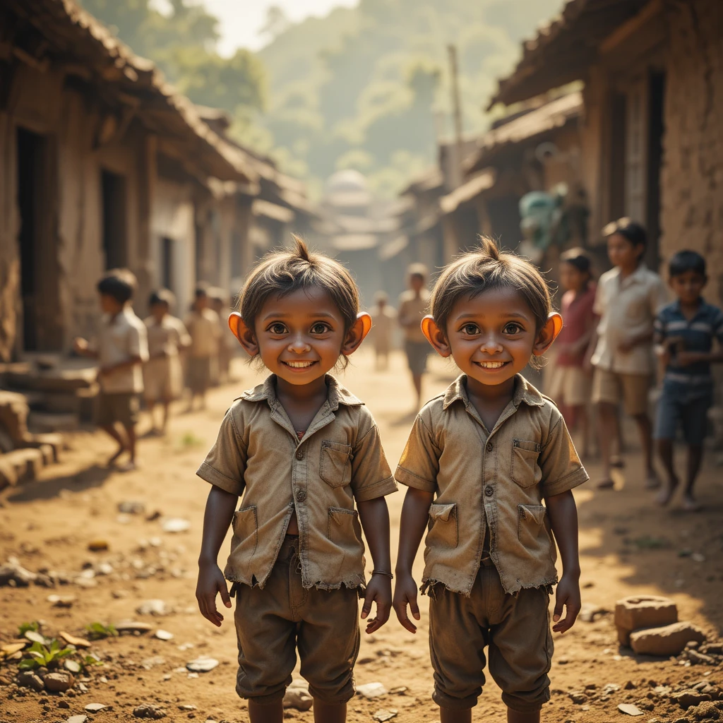 Two young monkeys among children in an Indian village