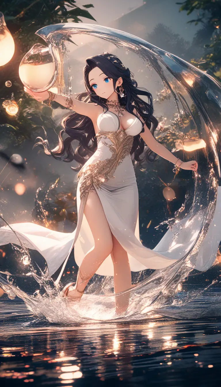 Elegante Frau im roten Kleid watet durch seichtes Wasser