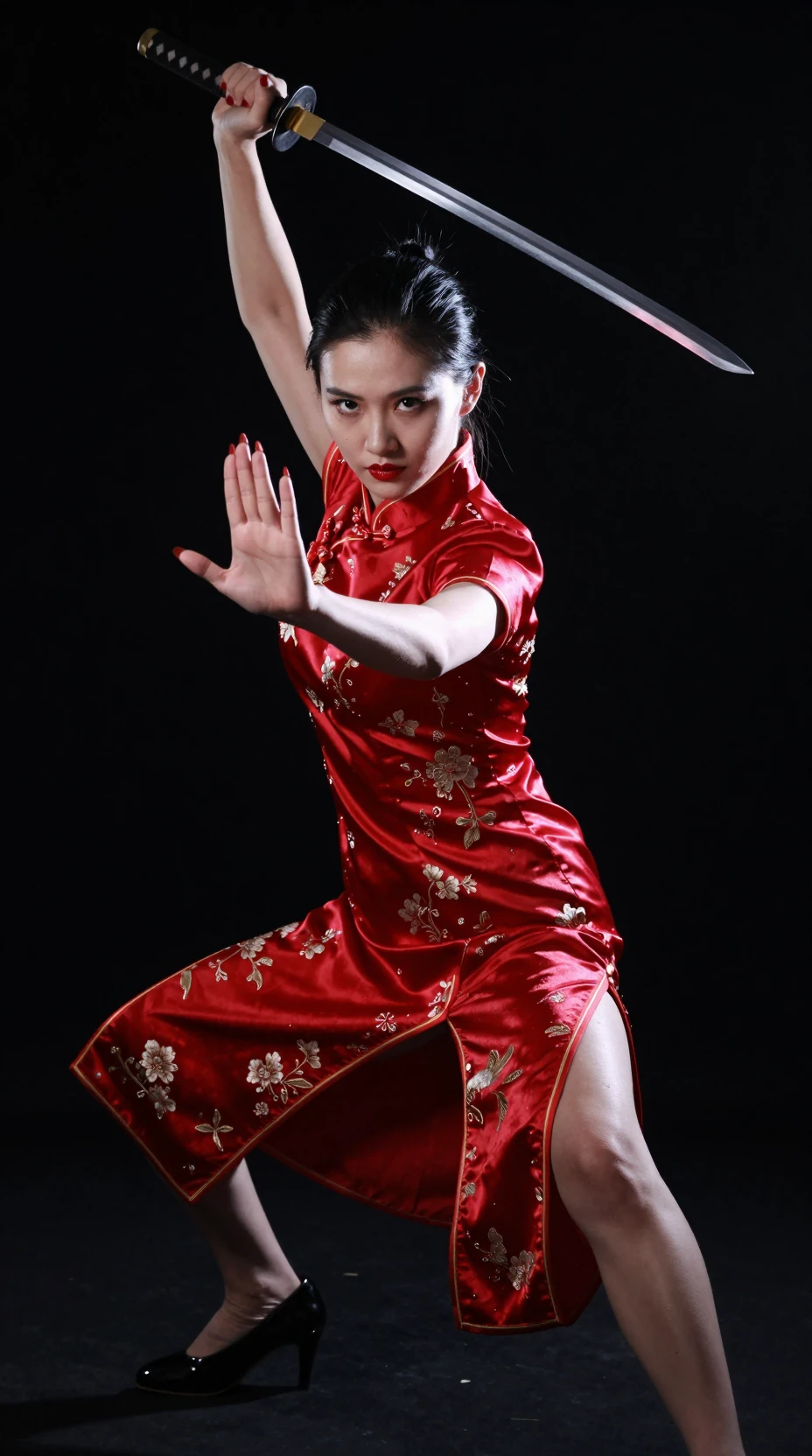 Asian woman in red cheongsam wielding katana in studio