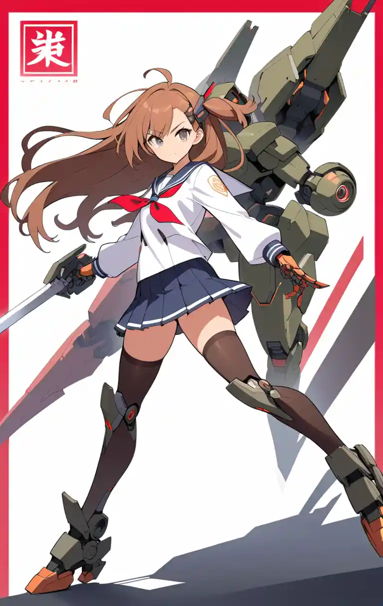 Cyborg schoolgirl with katana in dynamic combat pose