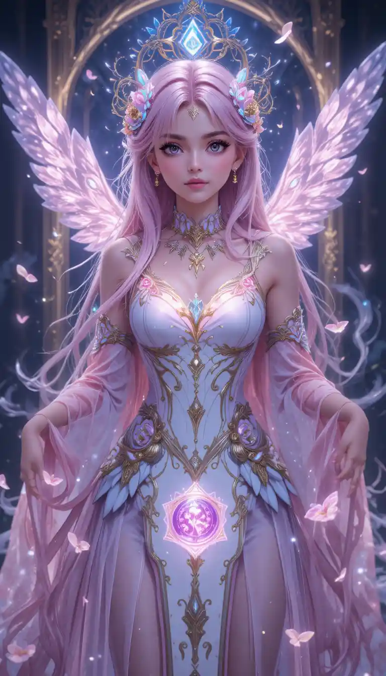 Chica sanadora de anime de pelo rosa con alas de hada brillantes