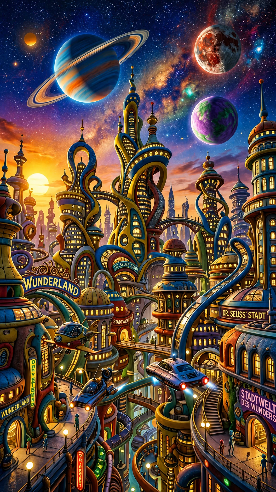 Surreal Futuristic City Close Up Under Colorful Alien Sky