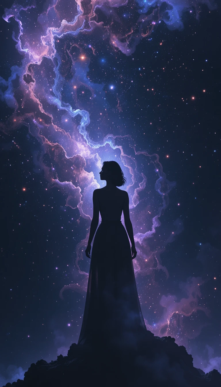Woman silhouette of nebula gazing into infinite cosmic space