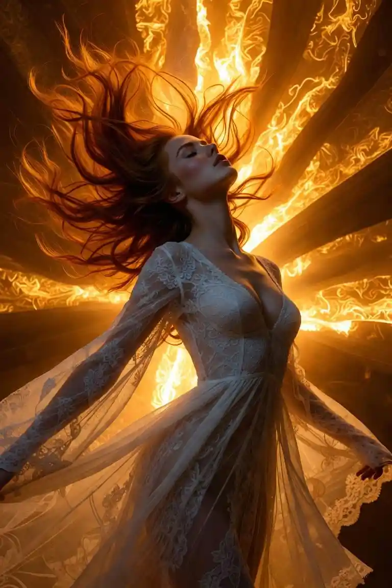 Woman in flowing lace gown glowing with golden backlight