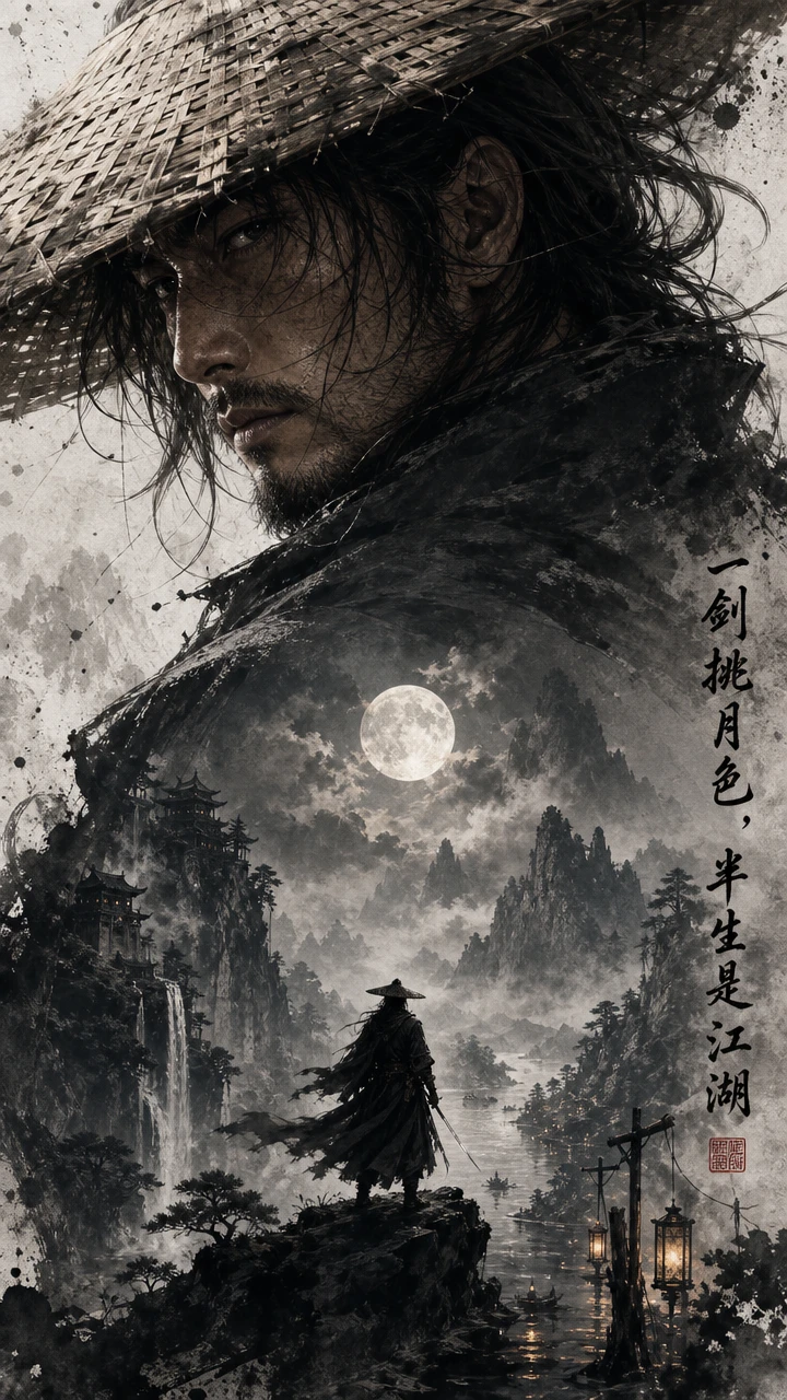 Espadachín wuxia solitario en retrato de fantasía en tinta a la luz de la luna