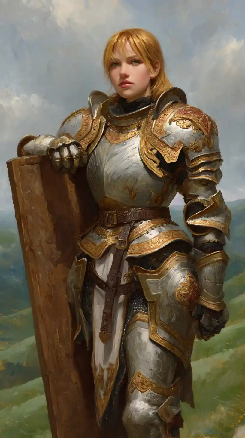 Noble female paladin portrait in ornate armor on green hills