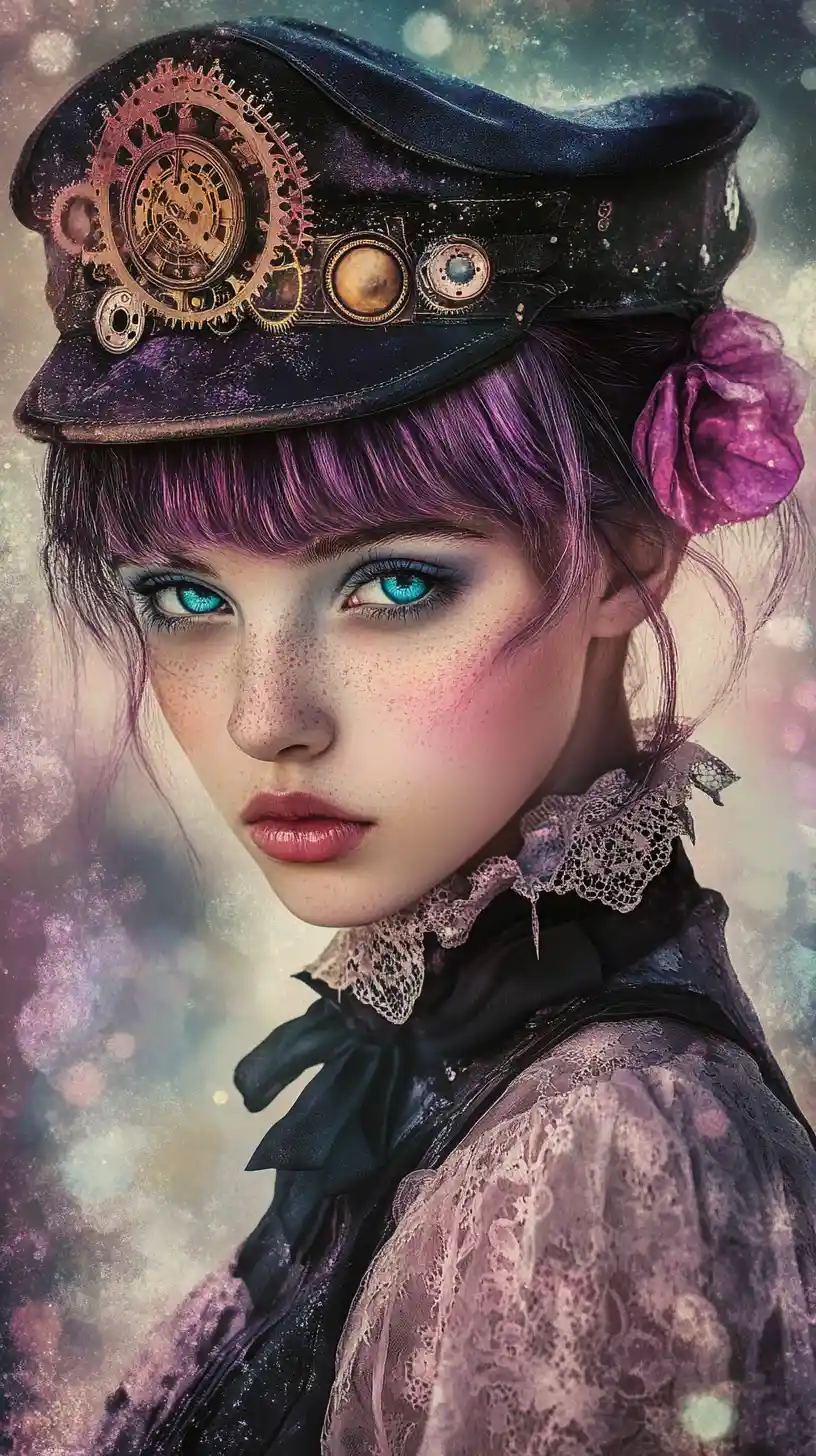Steampunk girl portrait with violet hair and glowing eyes