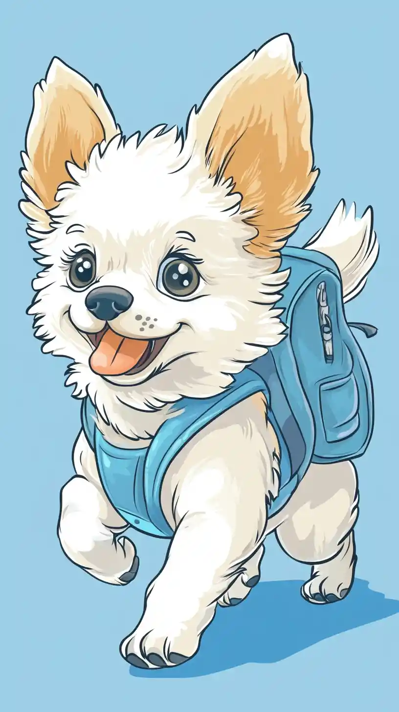 Cute cartoon puppy walking happily with tiny backpack
