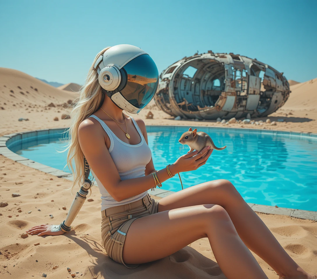 Futuristic skeletal astronaut in an alien desert crash site
