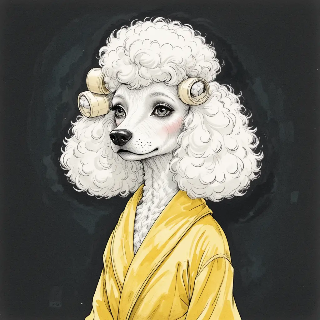 White poodle in yellow bathrobe with salon curlers illustration