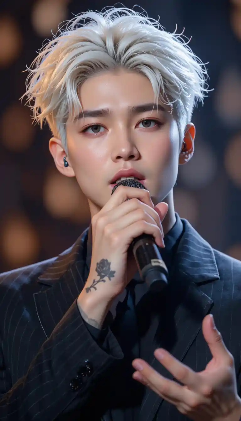 Close up portrait of male singer on concert stage
