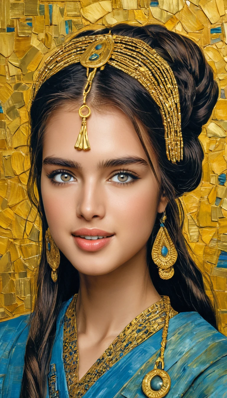 Asian woman dressed as Egyptian queen in temple ruins