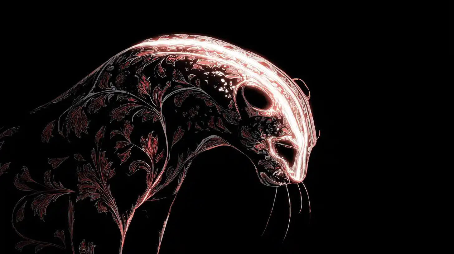Mythical creature outlined by glowing tattoos in darkness