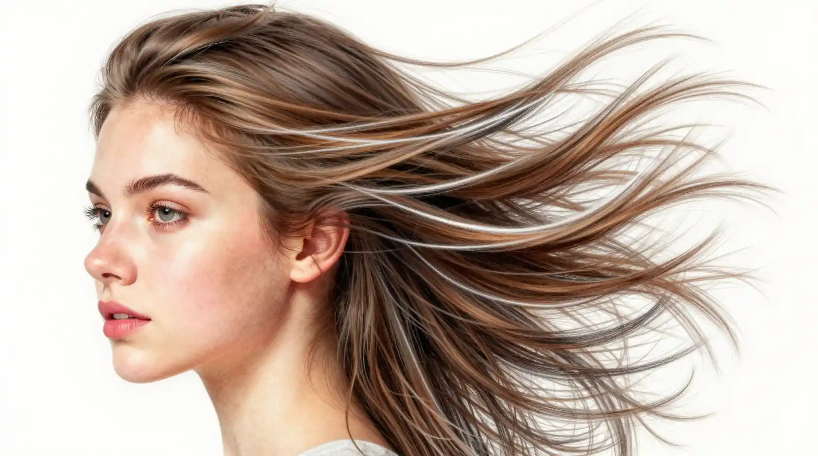 Close up portrait of a young woman with windblown hair