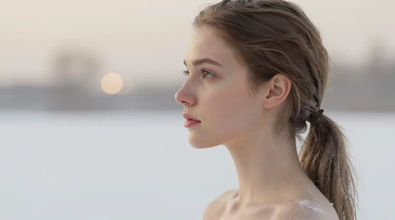 Serene profile of a young woman fading into snowy landscape