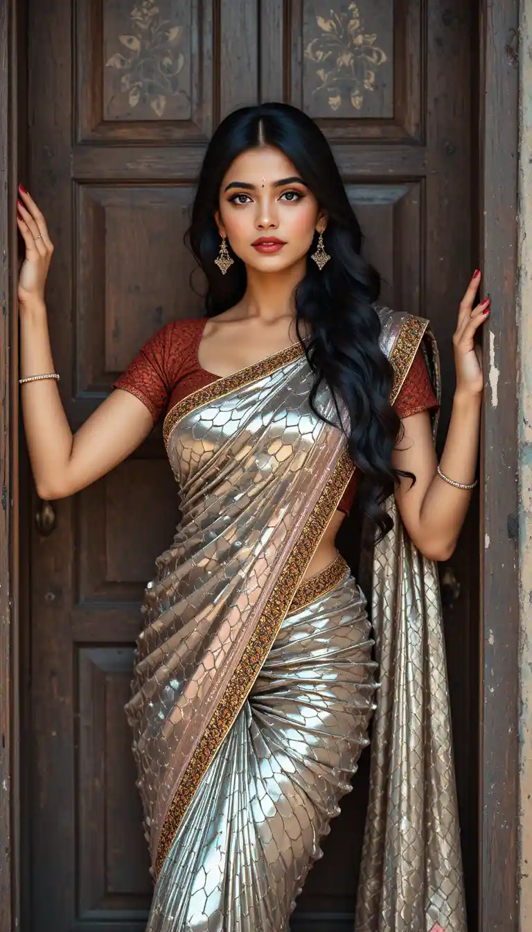 Bengali woman in glossy hexagon saree bending forward