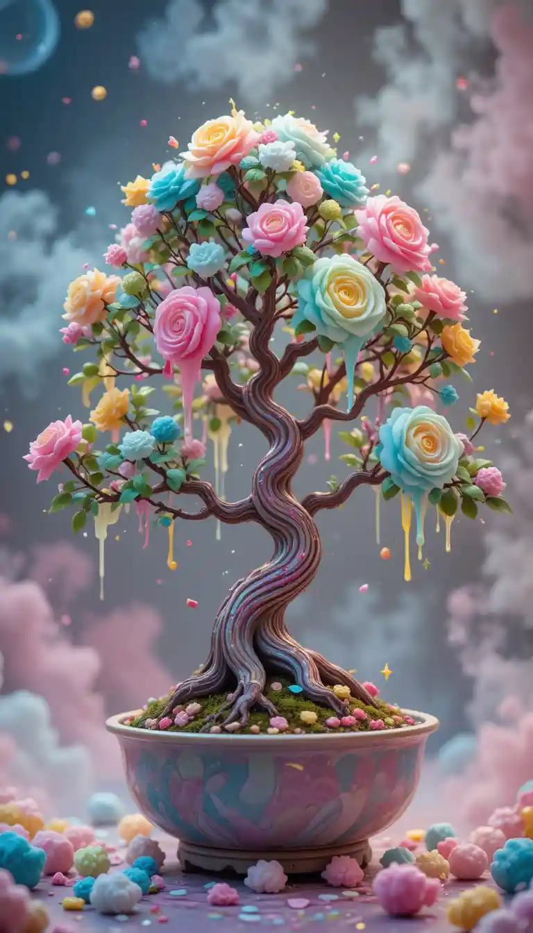 Whimsical Candy Bonsai Tree In A Pastel Fantasy Landscape