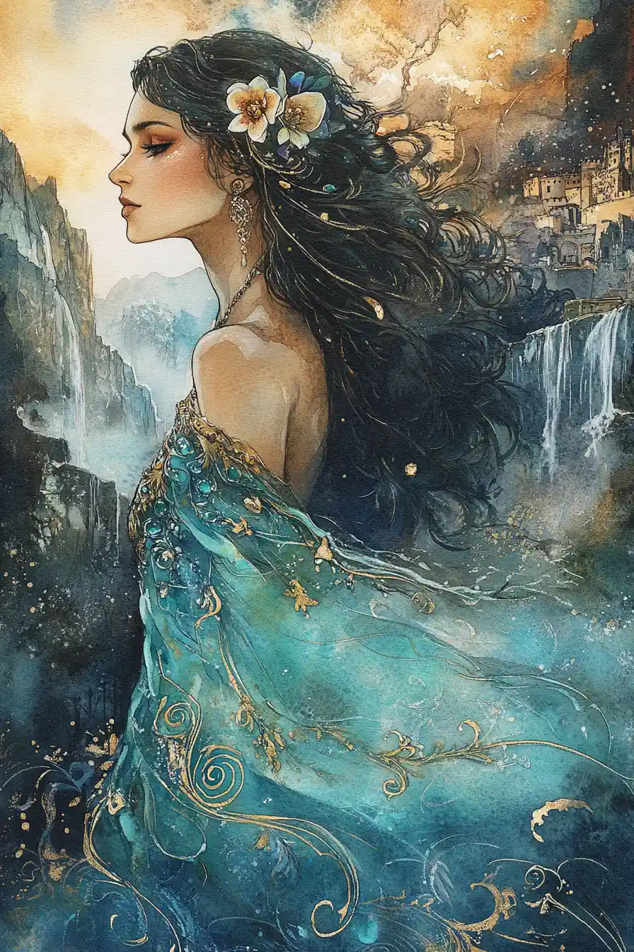 Watercolor profile of a woman in a turquoise dress